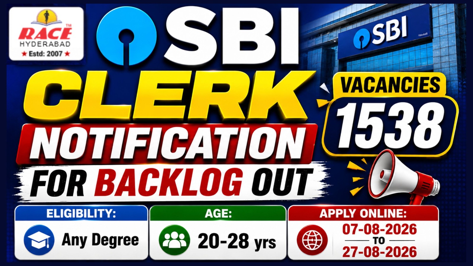 SBI Clerk Notification 2026 for Backlog Out: 1538 Vacancies, Eligibility, Exam Pattern & Apply Online Before Aug 28