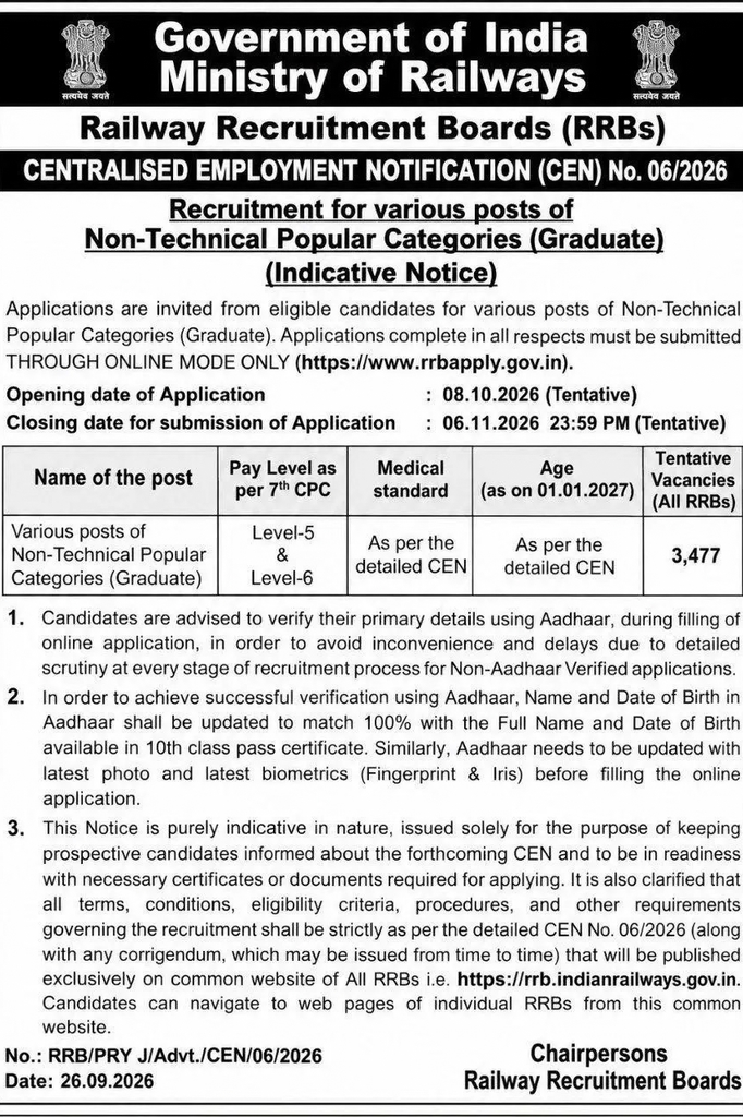 RRB NTPC Graduate Level Recruitment 2026